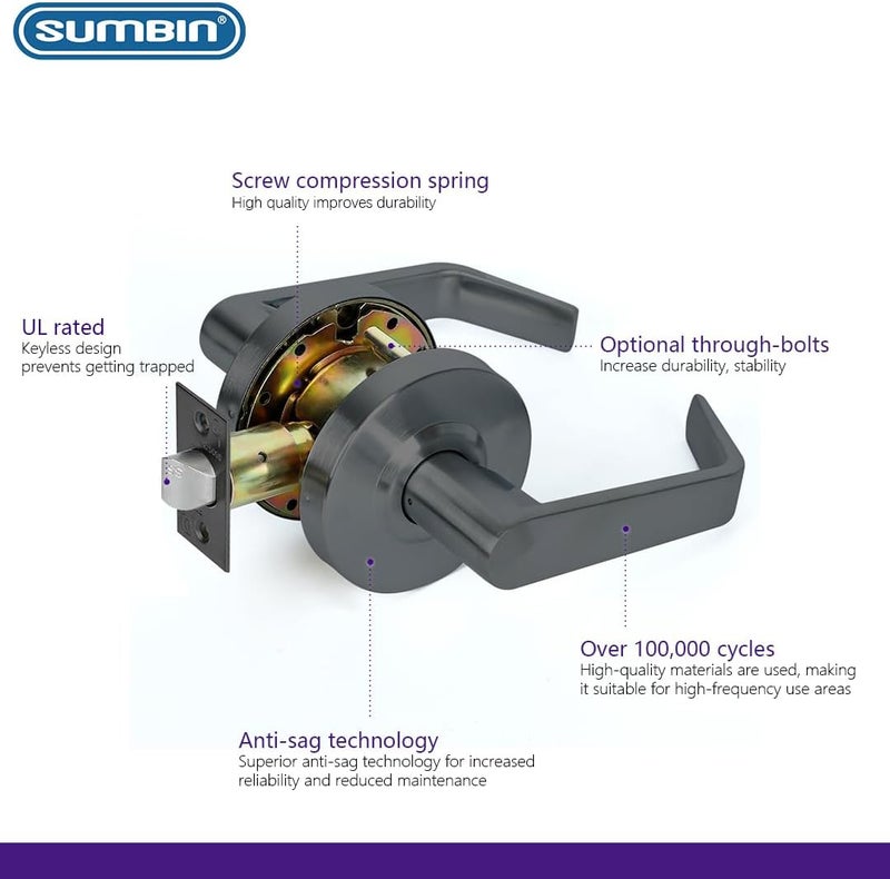 SUMBIN Grade 2 Commercial Heavy Duty Passage Door Lever Lockset, ADA, Matt Black Finish - Image 3